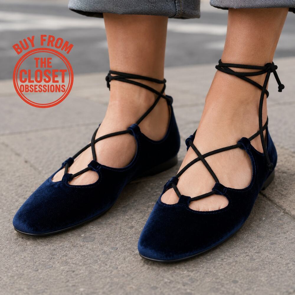 ZARA Navy Velvet Lace Up Ballet Flats NWT Balletcore Shoes Sizes 7.5 8 9